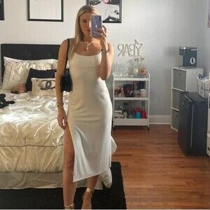 Aritzia Wilfred Dreamweaver Midi Slit Tie Back Dress Light Birch White Size XS